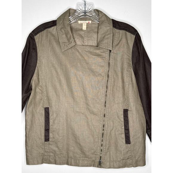 Green Eileen Fisher Organic Linen Moto Jacket Two-Tone Brown Medium - Picture 4 of 13